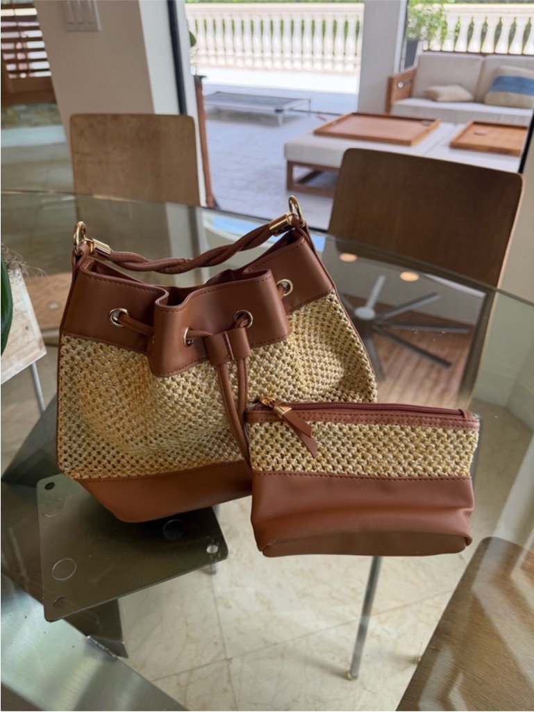Saks Woven Straw Brown Bucket Bag With Pouch — image 2 of 3